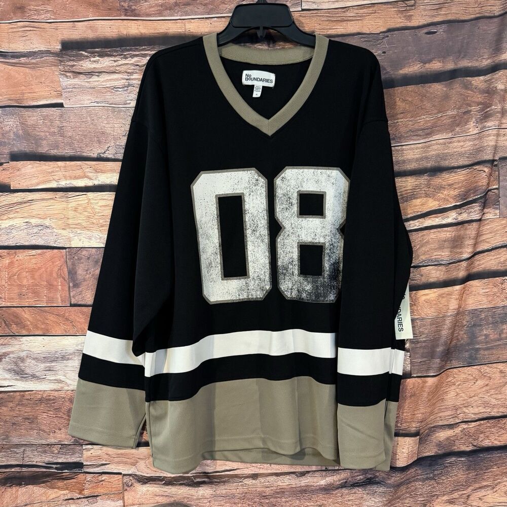 No Boundaries Men's Black Distressed 08 Hockey Jersey Style Shirt Size XL